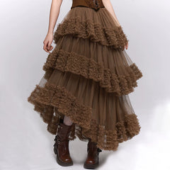 Women’s Brown Tiered Tulle Maxi Skirt – A-Line Puffy Long Skirt