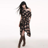 Plaid One-Shoulder Mini Dress for Women – Asymmetrical Sleeveless Dress