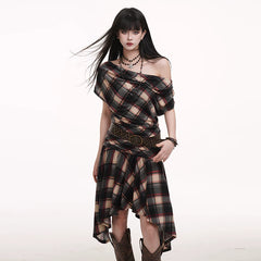Plaid One-Shoulder Mini Dress for Women – Asymmetrical Sleeveless Dress