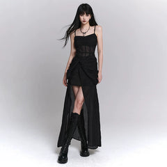 Black Suspender Maxi Dress for Women – Gothic-Inspired A-Line Long Dress