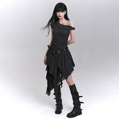 Black One-Shoulder Mini Dress for Women – Gothic-Inspired Asymmetrical Dress
