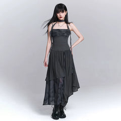 Women’s Gray Strappy Maxi Dress – Asymmetrical A-Line Long Dress