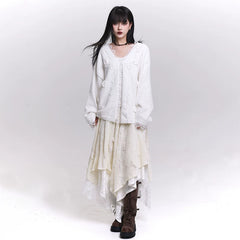 Women’s Off-White Lace Maxi Skirt – Butterfly Detail Irregular Hem A-Line Skirt