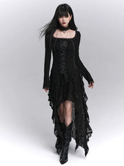 Women’s Black Lace A-Line Midi Skirt with Irregular Hem – High-Waisted for Fall and Halloween