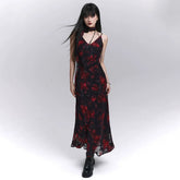 Women’s Black and Red Floral Suspender Midi Dress – A-Line for Summer and Events