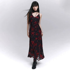Women’s Black and Red Floral Suspender Midi Dress – A-Line for Summer and Events