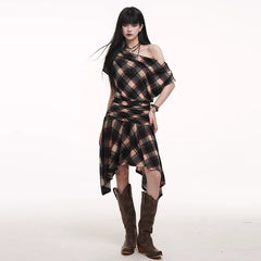 Plaid One-Shoulder Mini Dress for Women – Asymmetrical Sleeveless Dress