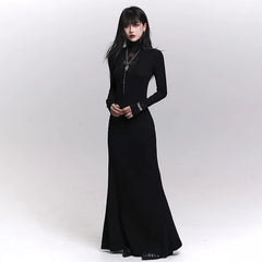 Women’s Black Gothic Maxi Dress – Long Sleeve A-Line Dark Style Layering Dress