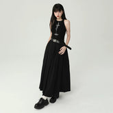 Women’s Black Suspender Maxi Dress – Gothic Style A-Line Long Dress