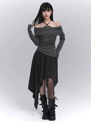 Gray Off Shoulder Top for Women – Layered Fitted Top