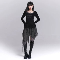 Women’s Black Halter Neck Top – Faux Two-Piece Long Sleeve Slim Fit Top