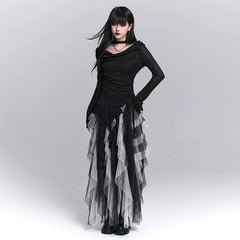 Women’s Black Faux Two-Piece Top – Layered Design Long Sleeve Blouse