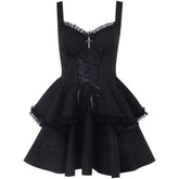 Women’s Black Suspender Puff Midi Dress – Gothic Style A-Line Dress