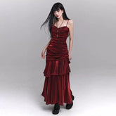 Dark Red A-Line Suspender Maxi Dress for Women – Elegant Gothic-Inspired Evening Dress