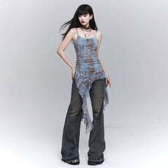 Black Ruffled Camisole Top for Women – Sleeveless Asymmetrical Hem Top