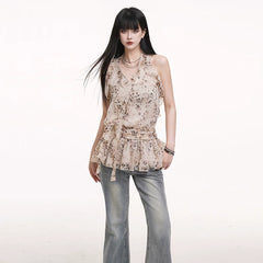 Women’s Chiffon Halter Top Sleeveless Lightweight Blouse Flowy Summer Top