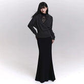 Women’s Black Gothic Maxi Dress – Long Sleeve A-Line Dark Style Layering Dress