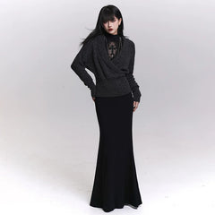 Women’s Black Gothic Maxi Dress – Long Sleeve A-Line Dark Style Layering Dress