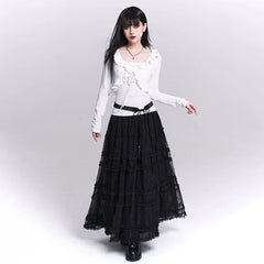Women’s Black Lace Mesh Maxi Skirt – A-Line Long Skirt