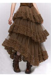 Women’s Brown Tiered Tulle Maxi Skirt – A-Line Puffy Long Skirt