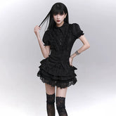 Black Tiered Mini Skirt for Women – Gothic-Inspired High-Waisted Ruffle Skirt