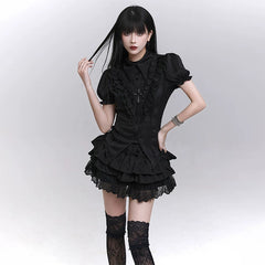 Black Tiered Mini Skirt for Women – Gothic-Inspired High-Waisted Ruffle Skirt