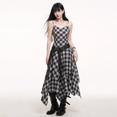 Black and White Plaid Suspender Mini Dress for Women – Asymmetrical A-Line Dress
