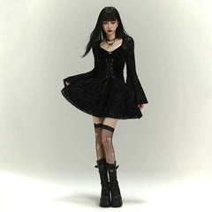 Women’s Black Gothic Midi Dress – Retro Style A-Line Dress for Parties
