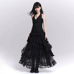 Women’s Black Halter Neck Mini Dress – Backless Sequin Slim Fit Dress