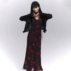 Women’s Black and Red Floral Suspender Midi Dress – A-Line for Summer and Events