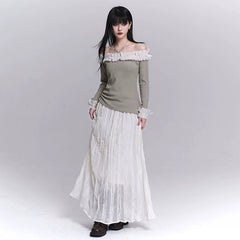 Women’s Black Pleated Lace Panel Maxi Skirt – A-Line Long Skirt