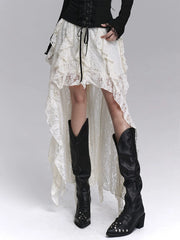 Women’s Black Lace A-Line Midi Skirt with Irregular Hem – High-Waisted for Fall and Halloween