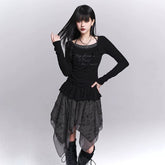 Women’s Black Halter Neck Top – Faux Two-Piece Long Sleeve Slim Fit Top