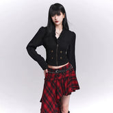 Women’s Black Ruffle Crop Top – Faux Two-Piece Slim Fit Blouse