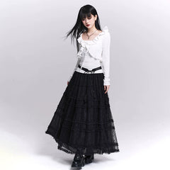 Women’s Black Lace Mesh Maxi Skirt – A-Line Long Skirt