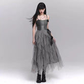 Gray Mesh Suspender Maxi Dress for Women – Gothic-Inspired A-Line Long Dress