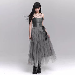 Gray Mesh Suspender Maxi Dress for Women – Gothic-Inspired A-Line Long Dress