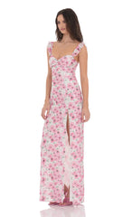 Lace Floral Ruffle Sleeve Maxi Dress in White