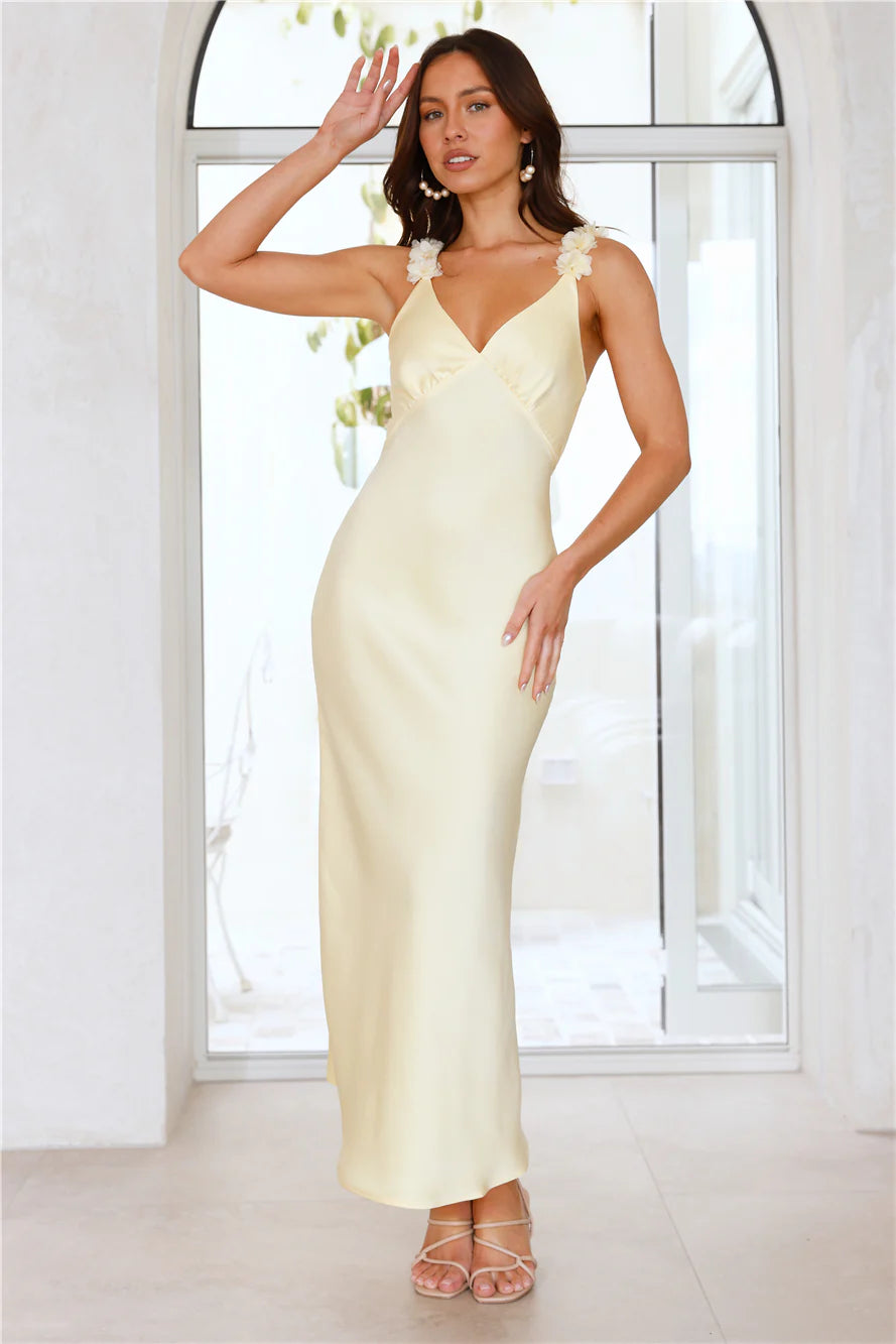 Silken Twilight Satin Maxi Dress Yellow