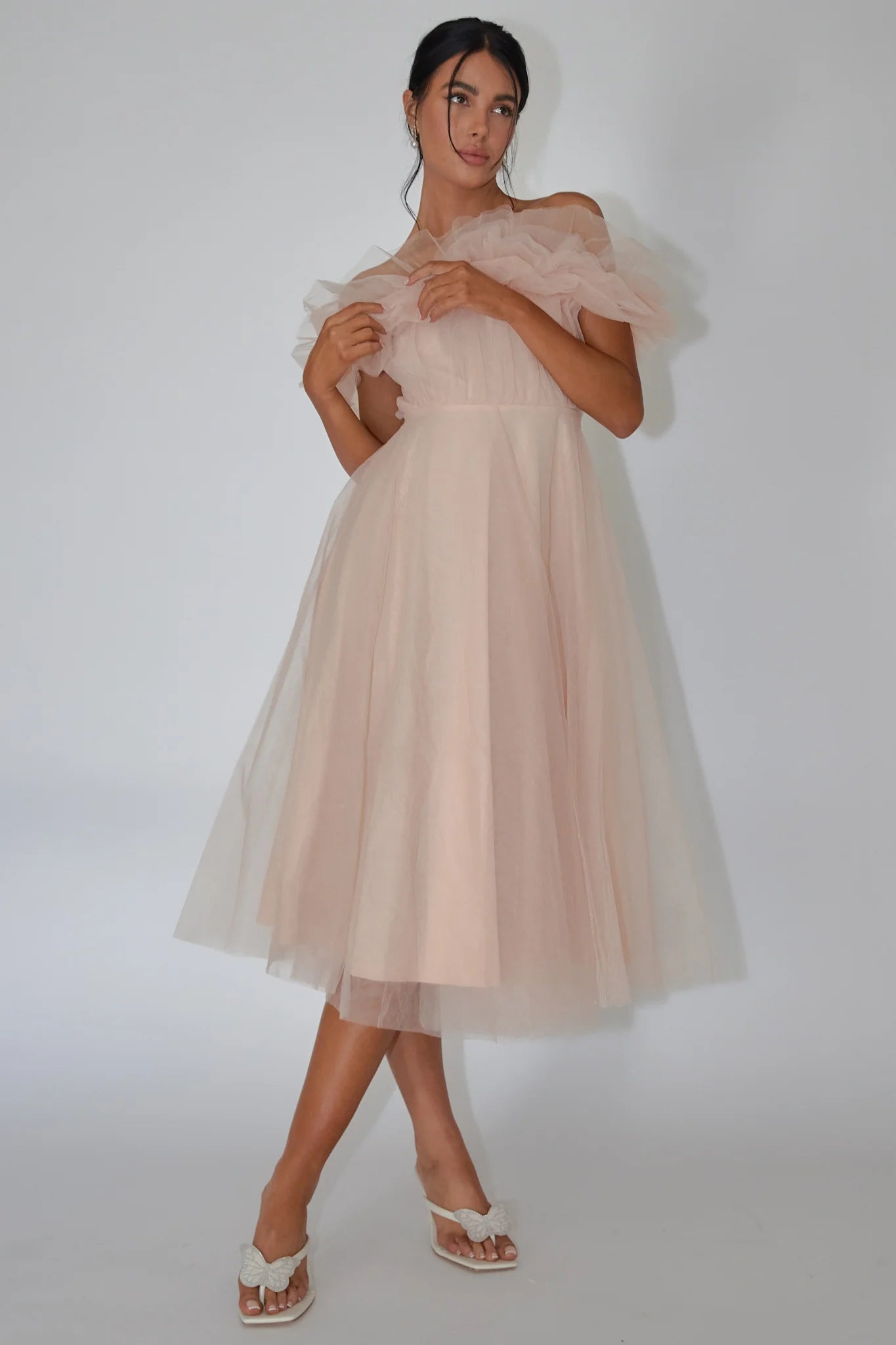 May Rose Off-Shoulder Tulle Midi Dress Taupe