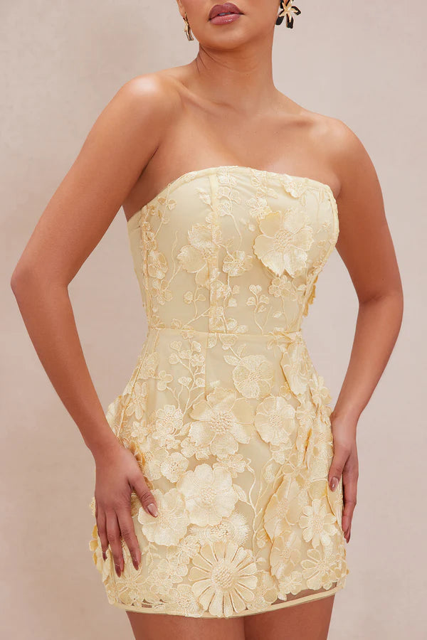 Marcella Embroidered A-Line Mini Dress - Yellow