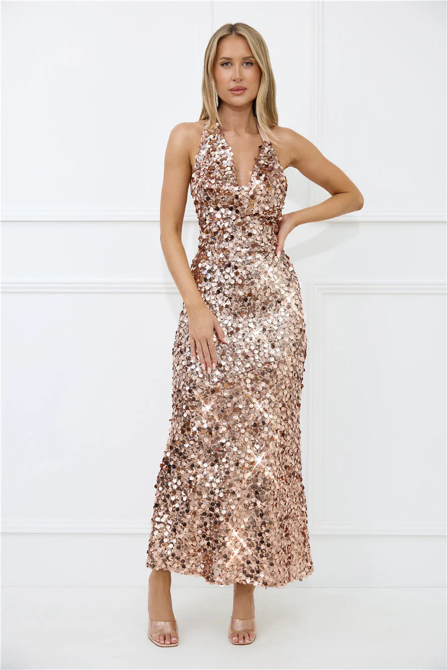 Shimmer Dreams Halter Sequin Maxi Dress Rose Gold