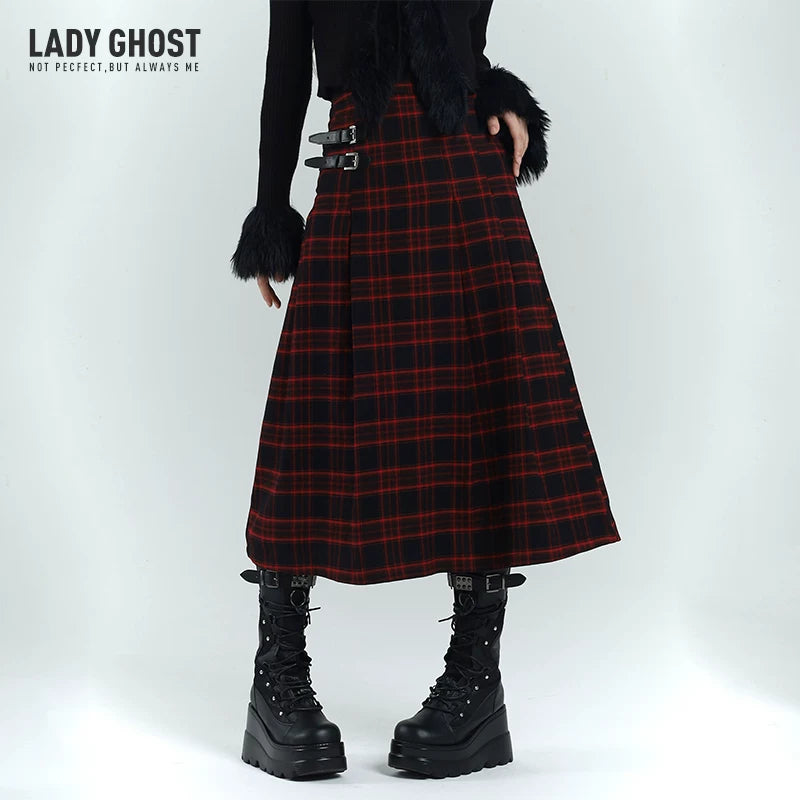 Black and Red Plaid Maxi Skirt for Women – Gothic-Inspired A-Line Skirt