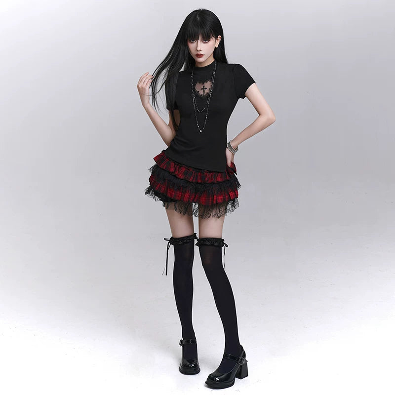 Black Fitted Short Sleeve T-Shirt for Women – Gothic-Inspired Basic Top