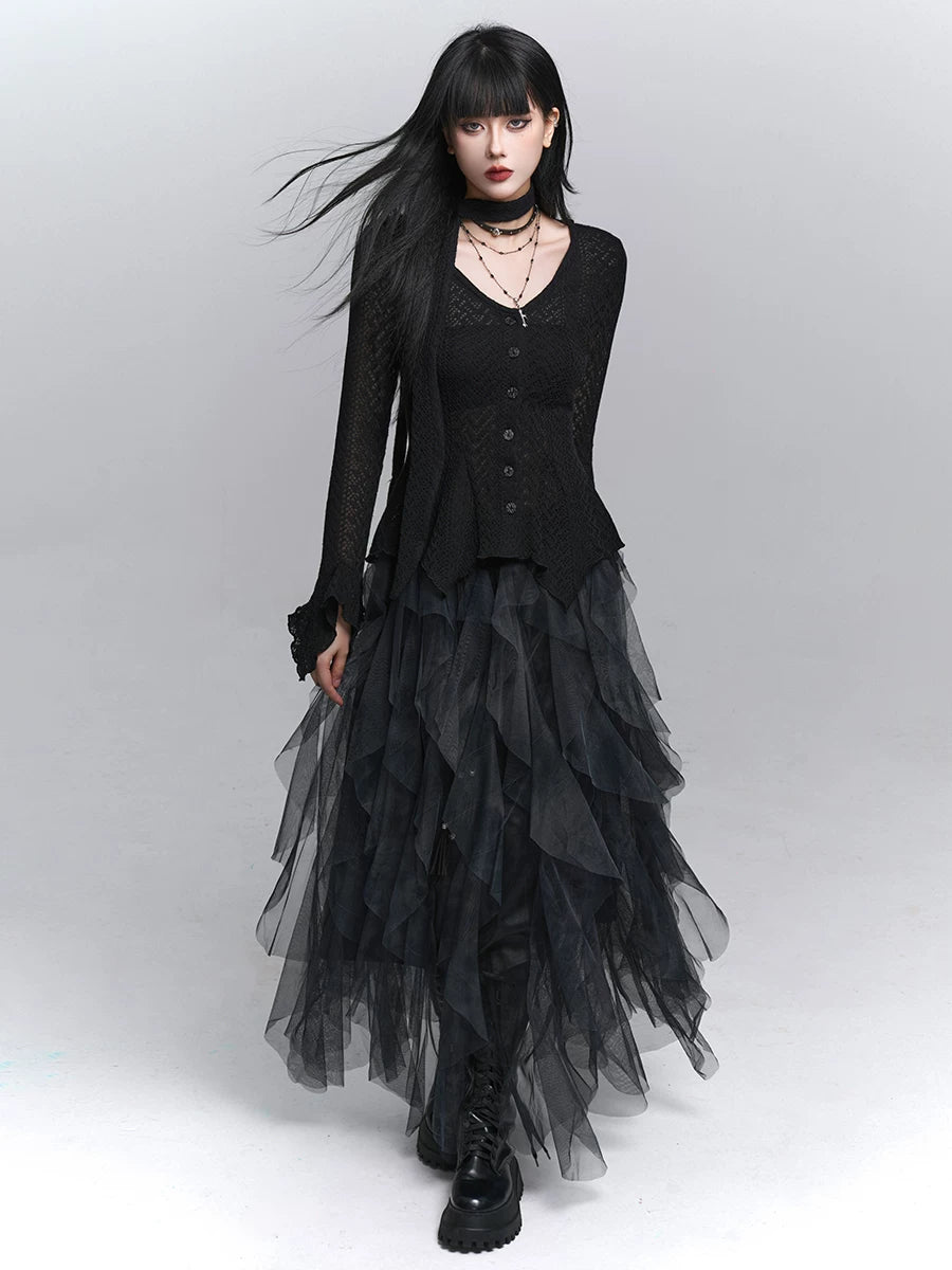 Women’s Black Mesh Midi Skirt with Irregular Hem – High-Waisted for Summer