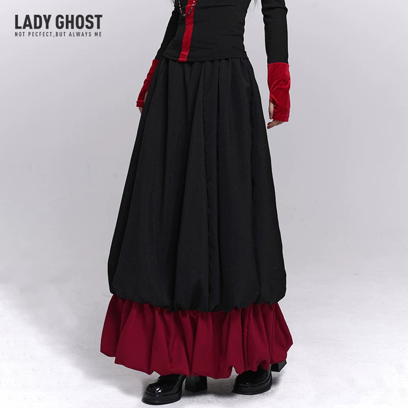 Women’s Black and Red Floral Maxi Skirt – A-Line Fall Winter Skirt