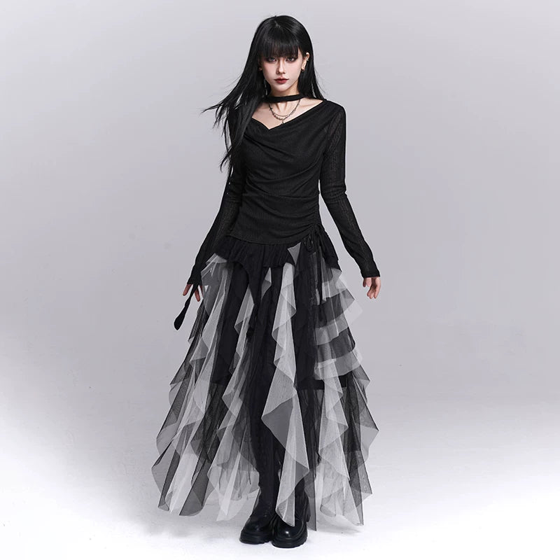 Women’s Black Faux Two-Piece Top – Layered Design Long Sleeve Blouse