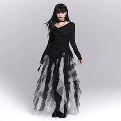 Women’s Black Faux Two-Piece Top – Layered Design Long Sleeve Blouse