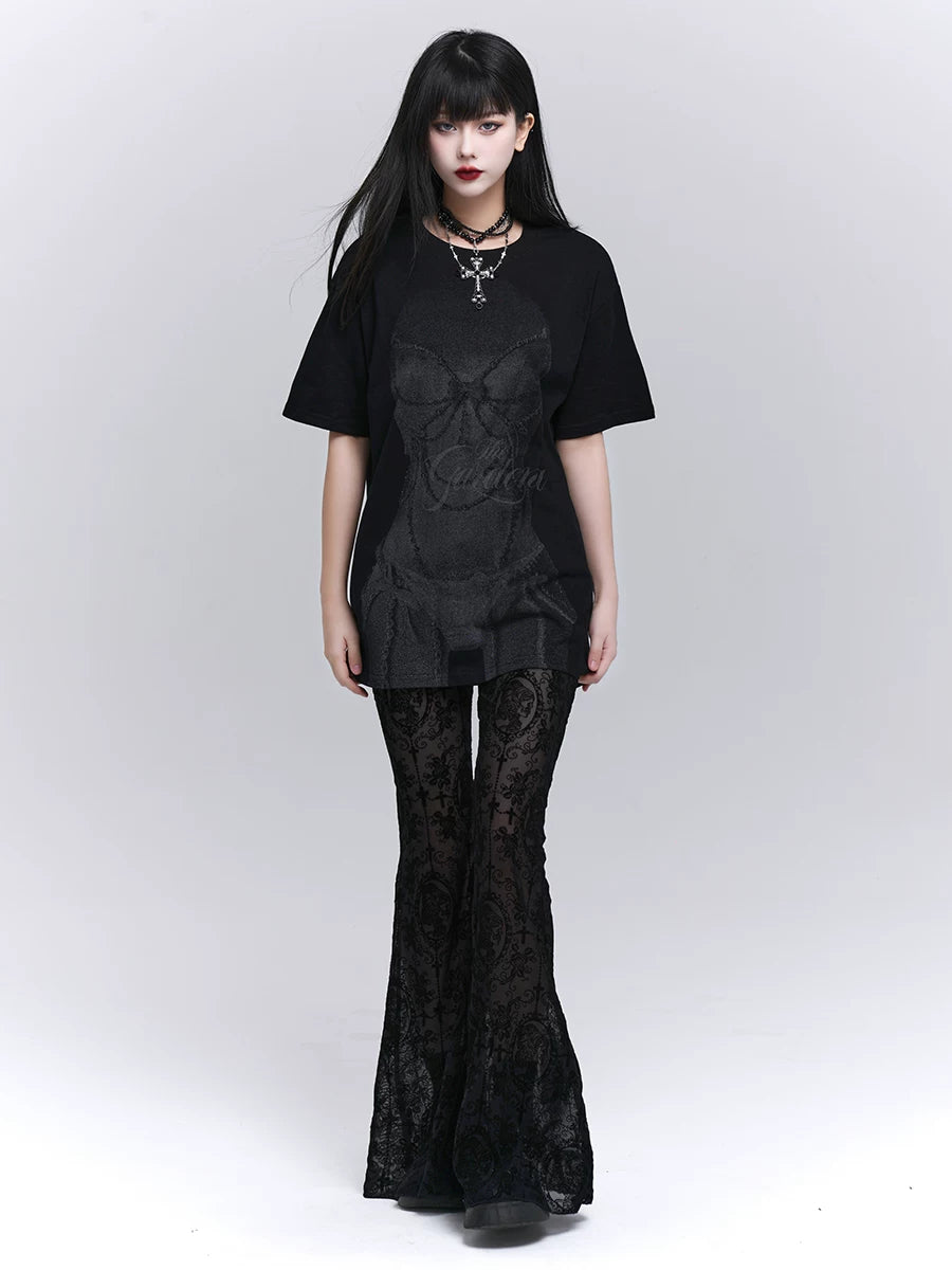 Black Lace Flared Pants for Women – Gothic Slim Fit Pants