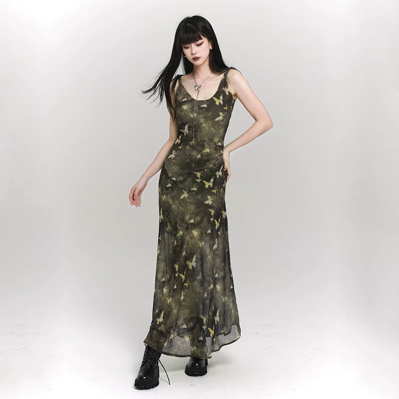 Green Butterfly Print Suspender Maxi Dress for Women – Fitted Summer Dress